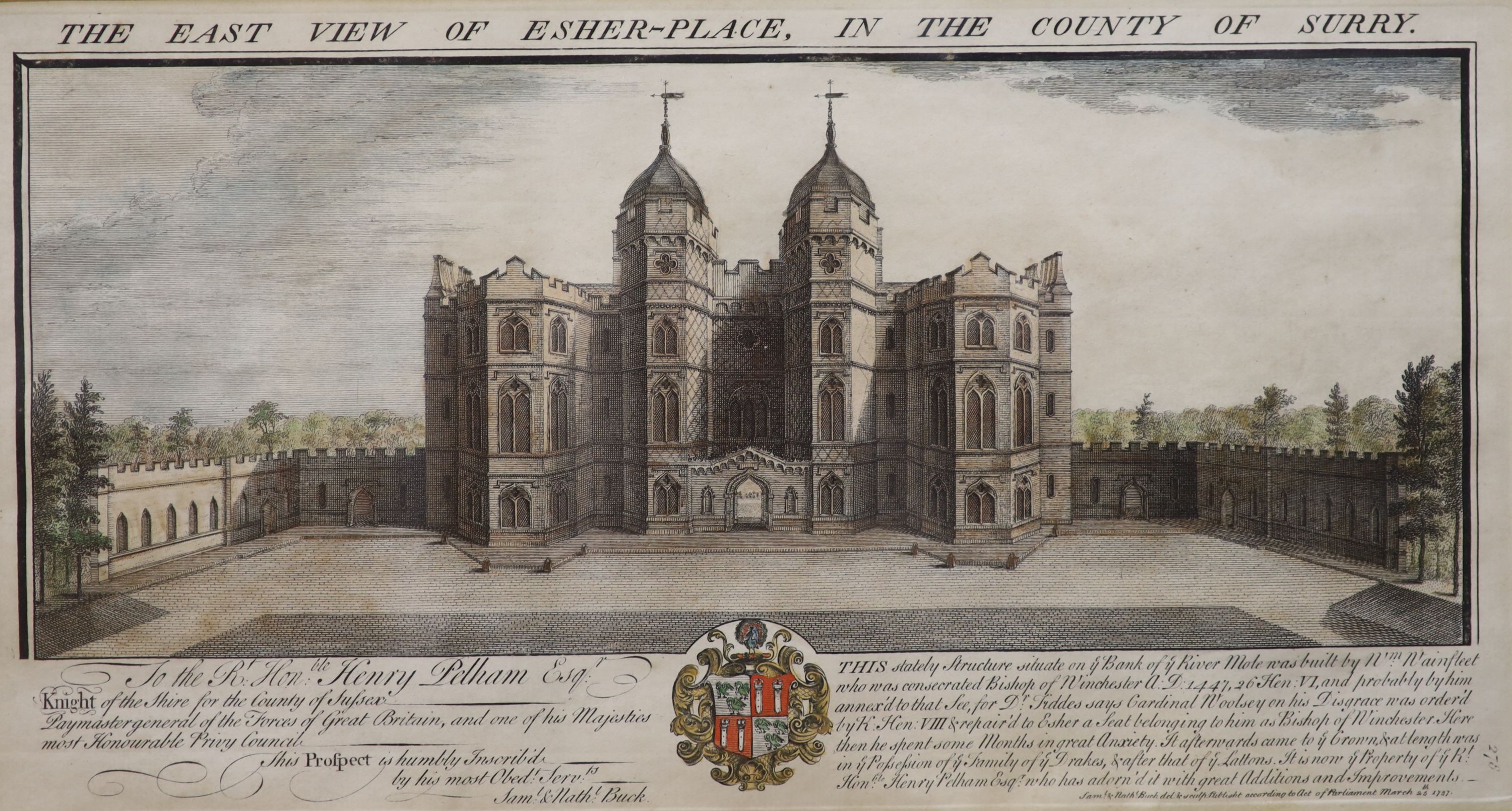 S & N Buck, coloured engraving, East View of Esher Place, Surrey, 20 x 37cm, a coloured lithograph of Kenilworth Castle by Whitlock and two other engravings